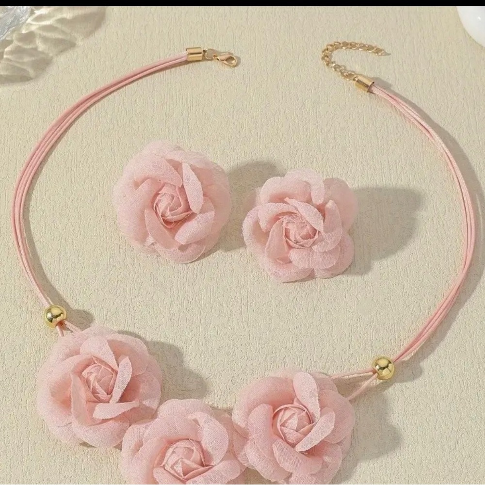 Pink Floral Necklace and Earring Set